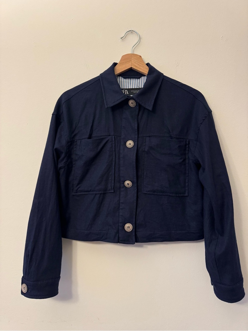 Zara Navy Linen Crop Jacket XS Cropped Blazer Lightweight Chic Layering Piece